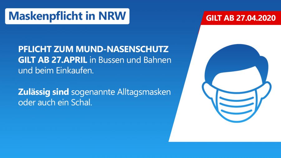 Maskenpflicht in NRW in öffentlichen Verkehrsmitteln und beim Einkaufen, ab 27. April 2020 © Inhalt  Land NRW